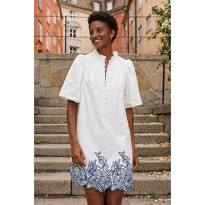 Hyacinth House Tuckernuck Mimi Embroidered Hem Dress Small Puff Sleeve Cottage